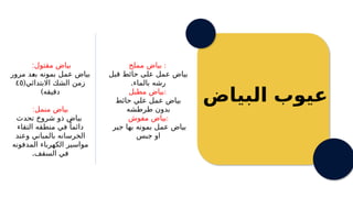 ‫البياض‬ ‫عيوب‬
‫مملح‬ ‫بياض‬ :
‫قبل‬ ‫حائط‬ ‫على‬ ‫عمل‬ ‫بياض‬
.‫بالماء‬ ‫رشه‬
‫مطبل‬ ‫بياض‬:
‫حائط‬ ‫علي‬ ‫عمل‬ ‫بياض‬
‫طرطشه‬ ‫بدون‬
‫مفوش‬ ‫بياض‬:
‫جير‬ ‫بها‬ ‫بمونه‬ ‫عمل‬ ‫بياض‬
‫جبس‬ ‫او‬
:‫مقتول‬ ‫بياض‬
‫مرور‬ ‫د‬3
‫ع‬‫ب‬ ‫بمونه‬ ‫عمل‬ ‫بياض‬
(‫االبتدائي‬ ‫الشك‬ ‫زمن‬
٤٥
)‫دقيقه‬
:‫منمل‬ ‫بياض‬
‫تحدث‬ ‫شروخ‬ ‫ذو‬ ‫بياض‬
‫التقاء‬ ‫منطقه‬ ‫في‬ ً‫دائما‬
‫وعند‬ ‫بالمباني‬ ‫الخرسانه‬
‫المدفونه‬ ‫الكهرباء‬ ‫مواسير‬
.‫السقف‬ ‫في‬
 