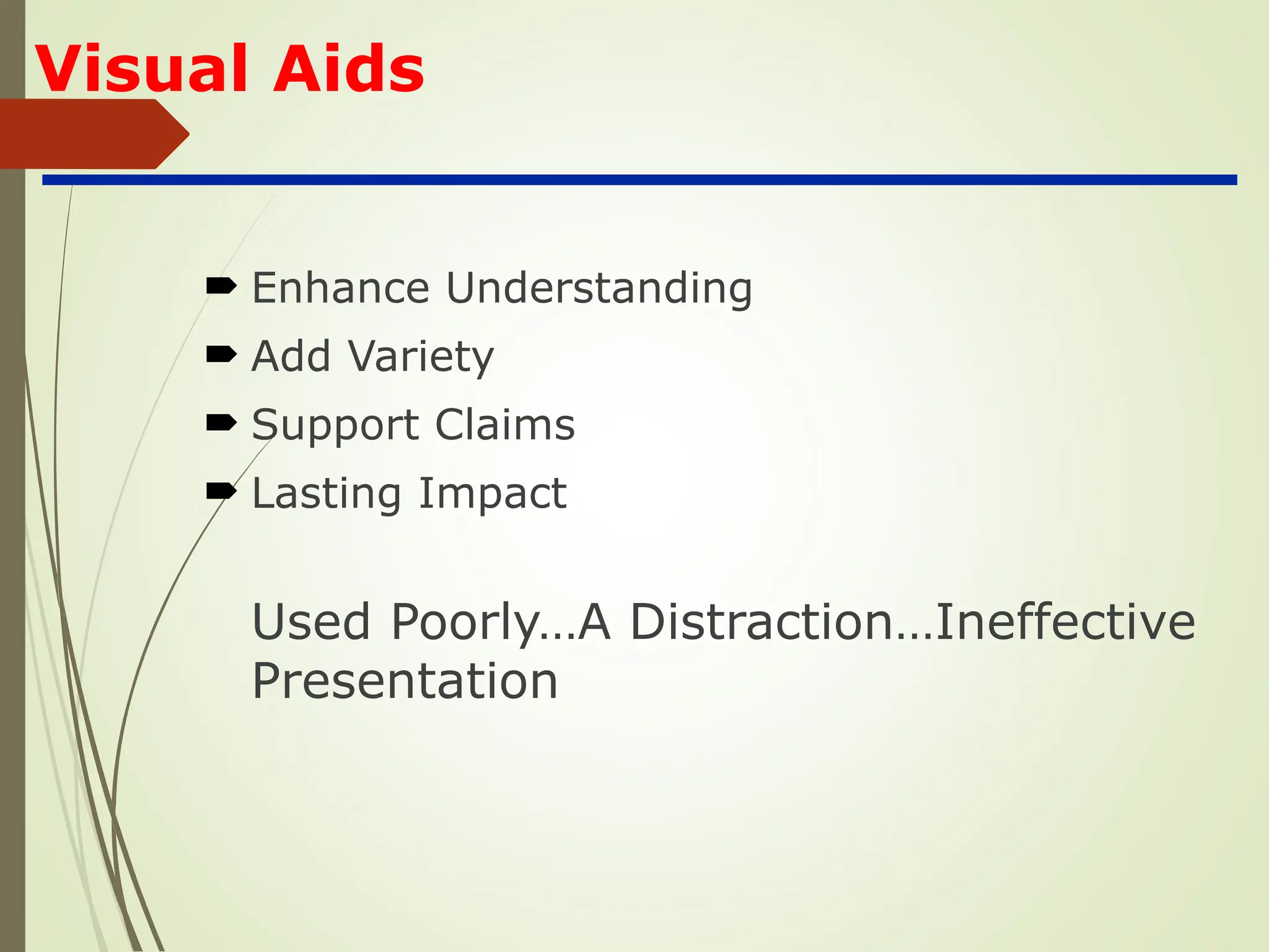 Visual Aids
 Enhance Understanding
 Add Variety
 Support Claims
 Lasting Impact
Used Poorly…A Distraction…Ineffective
Presentation
 