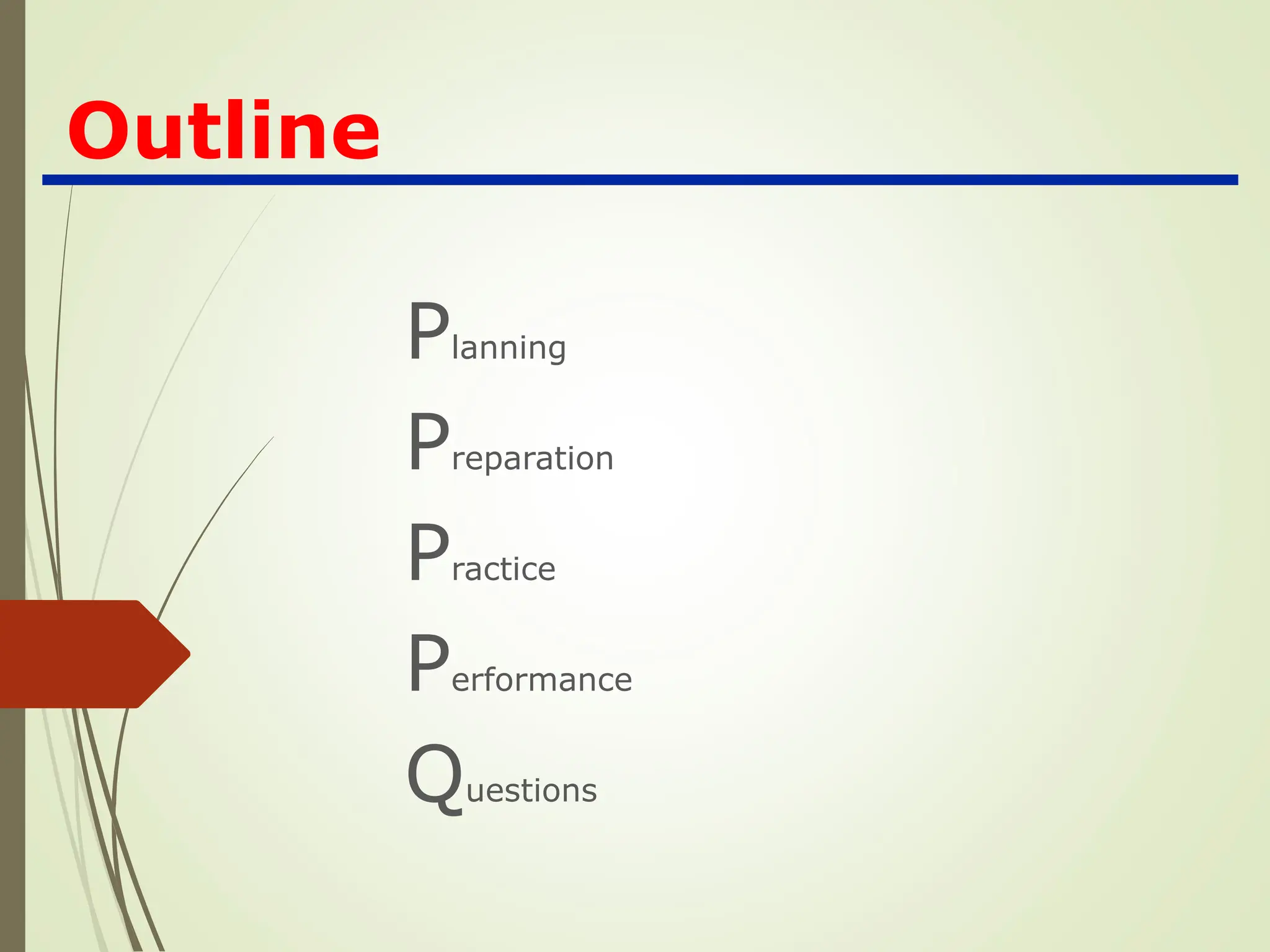 Outline
Planning
Preparation
Practice
Performance
Questions
 