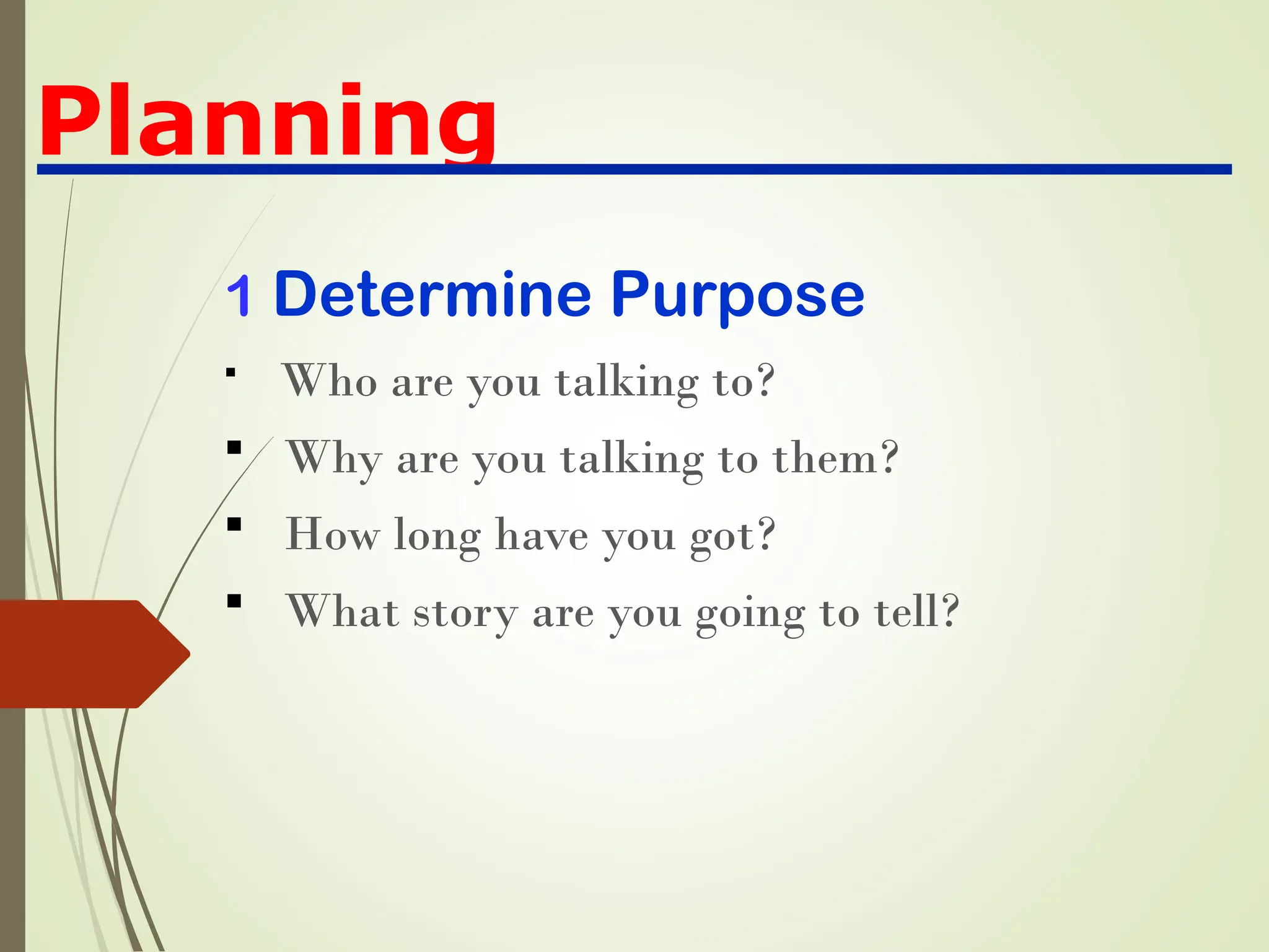 Planning
1 Determine Purpose
 Who are you talking to?
 Why are you talking to them?
 How long have you got?
 What story are you going to tell?
 