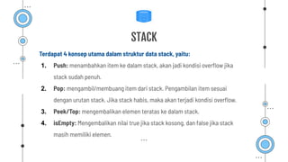 STACK
Terdapat 4 konsep utama dalam struktur data stack, yaitu:
1. Push: menambahkan item ke dalam stack, akan jadi kondisi overﬂow jika
stack sudah penuh.
2. Pop: mengambil/membuang item dari stack. Pengambilan item sesuai
dengan urutan stack. Jika stack habis, maka akan terjadi kondisi overﬂow.
3. Peek/Top: mengembalikan elemen teratas ke dalam stack.
4. isEmpty: Mengembalikan nilai true jika stack kosong, dan false jika stack
masih memiliki elemen.
 