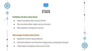 STACK
Kelebihan Struktur Data Stack:
● Dapat mengelola data secara eﬁsien
● Bisa membersihkan objek secara otomatis
● Memudahkan manajemen memori
Kekurangan Struktur Data Stack:
● Kapasitas memori yang terbatas
● Ada kemungkinan overﬂow jika terjadi proses yang begitu banyak
● Tidak dapat mengakses data secara acak
 