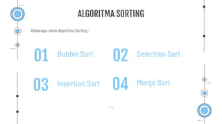 Beberapa Jenis Algoritma Sorting :
ALGORITMA SORTING
Bubble Sort
01 Selection Sort
02
Insertion Sort
03 Merge Sort
04
 