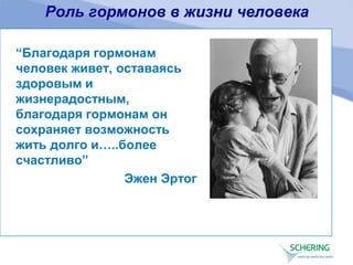 Роль гормонов в жизни человека
“Благодаря гормонам
человек живет, оставаясь
здоровым и
жизнерадостным,
благодаря гормонам он
сохраняет возможность
жить долго и…..более
счастливо”
Эжен Эртог
 