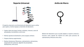 Soporte Universal
El soporte universal es una herramienta de laboratorio que se utiliza
para sujetar y montar equipos y materiales de laboratorio.
• Sujetar tubos de ensayo, buretas, embudos, matraces, vasos de
precipitados, termómetros, entre otros
• Montar aparatos de destilación y otros equipos similares
• Preparar diversos experimentos
• Realizar titulaciones, filtraciones, calentamiento, calcinaciones,
evaporación de sustancias, digestión de precipitados,
destilaciones, entre otros
Anillo de Hierro
Material de laboratorio que se puede adaptar al soporte universal y
funciona como soporte de material de vidrio para procesos de
calentamiento, filtración entre otros.
 