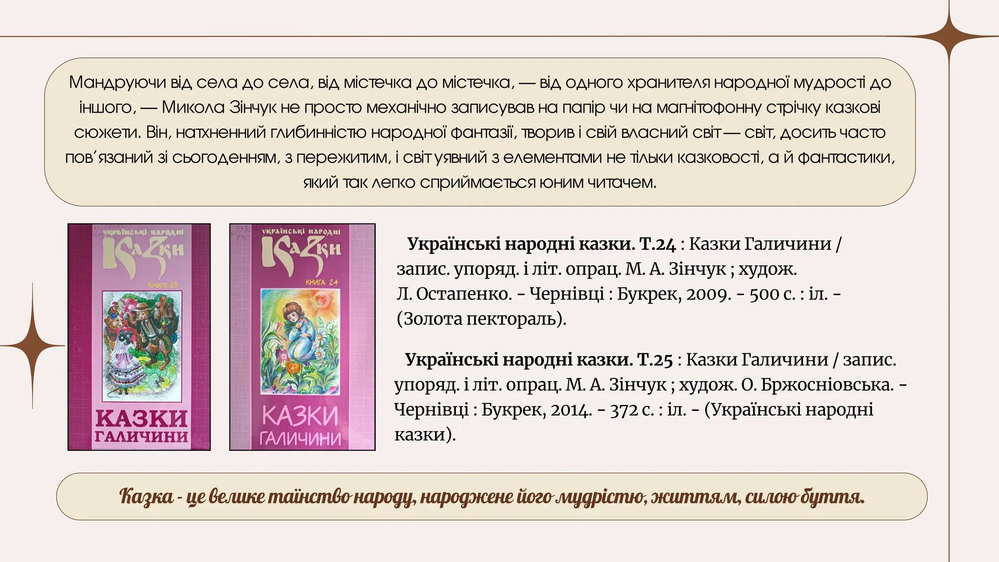 Казка - це велике таїнство народу, народжене його мудрістю, життям, силою буття.
Українські народні казки. Т.24 : Казки Галичини /
запис. упоряд. і літ. опрац. М. А. Зінчук ; худож.
Л. Остапенко. - Чернівці : Букрек, 2009. - 500 с. : іл. -
(Золота пектораль).
Українські народні казки. Т.25 : Казки Галичини / запис.
упоряд. і літ. опрац. М. А. Зінчук ; худож. О. Бржосніовська. -
Чернівці : Букрек, 2014. - 372 с. : іл. - (Українські народні
казки).
Мандруючи від села до села, від містечка до містечка, — від одного хранителя народної мудрості до
іншого, — Микола Зінчук не просто механічно записував на папір чи на магнітофонну стрічку казкові
сюжети. Він, натхненний глибинністю народної фантазії, творив і свій власний світ — світ, досить часто
пов’язаний зі сьогоденням, з пережитим, і світ уявний з елементами не тільки казковості, а й фантастики,
який так легко сприймається юним читачем.
 