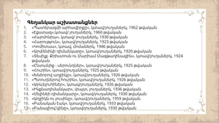 Գեղանկար աշխատանքներ
1. « », / , 1962
Պատերազմի արհավիրքը կտավ յուղաներկ թվական
2. « », / , 1960
Էքստազ կտավ յուղաներկ թվական
3. « », / , 1930
Հարմոնիա կտավ յուղաներկ թվական
4. « », / , 1923
Հարություն կտավ յուղաներկ թվական
5. « », , , 1946
Կոմիտաս կտավ մոմաներկ թվական
6. « », / , 1920
Արփենիկի դիմանկարը կտավ յուղաներկ թվական
7. « . », / , 1924
Տեսիլք Քրիստոսն ու Մարիամ Մագթաղինացին կտավ յուղաներկ
թվական
8. « - », / , 1925
Ընտանիք սերունդներ կտավ յուղաներկ թվական
9. « », / , 1925
Հուրին կտավ յուղաներկ թվական
10. « », / , 1926
Խնձորով աղջիկը կտավ յուղաներկ թվական
11. « », / , 1926
Պտուղներով հուրին կտավ յուղաներկ թվական
12. « », / , 1926
Արևելուհիներ կտավ յուղաներկ թվական
13. « », , , 1936
Ինքնադիմանկար փայտ յուղաներկ թվական
14. « », / , 1930
Մելինեի դիմանկարը կտավ յուղաներկ թվական
15. « », / , 1959
Աղջիկն ու լուսինը կտավ յուղաներկ թվական
16. « », / , 1933
Բանական էակ կտավ յուղաներկ թվական
17. « », / , 1930
Բանալիով կինը կտավ յուղաներկ թվական
 