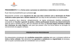 TEORIA GERAL DO PROCESSO
PROF. JULIANA M.T.M. CORDEIRO
PROCEDIMENTO  é a forma como o processo se exterioriza e materializa no mundo jurídico.
É por meio do procedimento que o processo age.
Basicamente consiste numa sequência de atos que deve culminar com a declaração do Poder
Judiciário sobre quem tem o direito material (bem da vida) na lide submetida à sua apreciação.
Essa sequência deve observar, obrigatoriamente, as regras processuais (dialética processual),
consistente em facultar e garantir às partes a efetiva participação durante seu desenvolvimento
(tese do autor e antítese do réu), além da utilização de todos os recursos legais inerentes à defesa
dos interesses de cada litigante, tudo para que possam influir de forma efetiva na formação do
convencimento do julgador (síntese).
PRESSUPOSTOS PROCESSUAIS
Os pressupostos processuais são condições essenciais e prévias para que o processo judicial se
inicie e tenha validade. São elementos que garantem a existência e a regularidade do processo,
sem os quais o processo pode ser considerado nulo ou inválido.
 