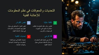 ‫المعلومات‬ ‫نظم‬ ‫في‬ ‫والمعوقات‬ ‫التحديات‬
‫الفنية‬ ‫لإلعاشة‬
1
‫عالية‬ ‫تكلفة‬
‫تتطلب‬ ‫المعلومات‬ ‫نظم‬ ‫ونشر‬ ‫تطوير‬
،‫األجهزة‬ ‫في‬ ‫كبيرة‬ ‫استثمارات‬
.‫والتدريب‬ ،‫البرمجيات‬
2
‫الكوادر‬ ‫نقص‬
‫مجال‬ ‫في‬ ‫المؤهلين‬ ‫الخبراء‬ ‫نقص‬
‫واالتصاالت‬ ‫المعلومات‬ ‫تكنولوجيا‬
.‫الفنية‬ ‫اإلعاشة‬ ‫مجال‬ ‫في‬
3
‫الوعي‬ ‫قلة‬
‫المعلومات‬ ‫نظم‬ ‫بأهمية‬ ‫الوعي‬ ‫قلة‬
‫مجال‬ ‫في‬ ‫منها‬ ‫االستفادة‬ ‫ووسائل‬
.‫الفنية‬ ‫اإلعاشة‬
4
‫التقنية‬ ‫تحديات‬
‫أنظمة‬ ‫دمج‬ ‫في‬ ‫التقنية‬ ‫تحديات‬
‫الميدانية‬ ‫المعدات‬ ‫مع‬ ‫المعلومات‬
.‫المتاحة‬ ‫والبيانات‬
 