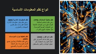 ‫األساسية‬ ‫المعلومات‬ ‫نظم‬ ‫انواع‬
‫المؤسسات‬ ‫موارد‬ ‫تخطيط‬ ‫نظم‬
(
ERP
:)
‫جميع‬ ‫بين‬ ‫تربط‬ ‫متكاملة‬ ‫نظم‬ ‫وهي‬
‫المالية‬ ‫مثل‬ ،‫المؤسسة‬ ‫أقسام‬
.‫والتصنيع‬ ‫البشرية‬ ‫والموارد‬
‫المعامالت‬ ‫معالجة‬ ‫نظم‬
(
TPS
)
:
‫لمعالجة‬ ‫تستخدم‬ ‫نظم‬ ‫وهي‬
‫الناتجة‬ ‫البيانات‬ ‫من‬ ‫كبيرة‬ ‫كميات‬
،‫للمؤسسة‬ ‫اليومية‬ ‫العمليات‬ ‫عن‬
.‫والشراء‬ ‫البيع‬ ‫عمليات‬ ‫مثل‬
( ‫اإلدارية‬ ‫المعلومات‬ ‫نظم‬
MIS
:)
‫لإلدارة‬ ‫معلومات‬ ‫توفر‬ ‫نظم‬ ‫وهي‬
‫تقارير‬ ‫مثل‬ ،‫القرارات‬ ‫التخاذ‬
.‫والمخزون‬ ‫المبيعات‬
( ‫القرار‬ ‫دعم‬ ‫نظم‬
DSS
:)
‫على‬ ‫المديرين‬ ‫تساعد‬ ‫نظم‬ ‫وهي‬
‫مثل‬ ،‫المعقدة‬ ‫القرارات‬ ‫اتخاذ‬
.‫بالمستقبل‬ ‫والتنبؤ‬ ‫البيانات‬ ‫تحليل‬
 