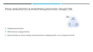 РОЛЬ БИБЛИОТЕК В ИНФОРМАЦИОННОМ ОБЩЕСТВЕ
 Посредническая роль
 Обеспечение сотрудничества
 Фасилитаторы не только между пользователями и информацией, но и в создании знаний
 