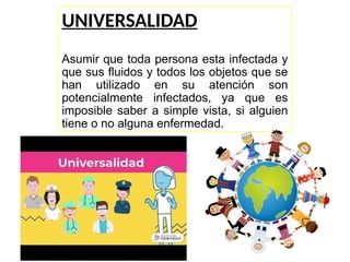 UNIVERSALIDAD
Asumir que toda persona esta infectada y
que sus fluidos y todos los objetos que se
han utilizado en su atención son
potencialmente infectados, ya que es
imposible saber a simple vista, si alguien
tiene o no alguna enfermedad.
 