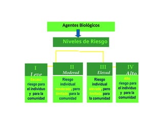 Agentes Biológicos
Niveles de Riesgo
I
Leve
Escaso
riesgo para
el individuo
y para la
comunidad
II
Moderad
o
Riesgo
individual
moderado, pero
limitado para la
comunidad
III
Elevad
o
Riesgo
individual
elevado, pero
limitado para
la comunidad
IV
Alto
Alto
riesgo para
el individuo
y para la
comunidad
 