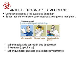 ANTES DE TRABAJAR ES IMPORTANTE
Conocer los riegos a los cuales se enfrentan
•
•
Fichas de seguridad
• Saber medidas de conteción que puedo usar.
• Entrenarse (capacitarse).
• Saber que hacer en casos de accidentes y derrames.
Saber mas de los microorganismos/reactivos que se manipulan.
 
