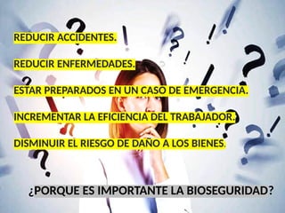 REDUCIR ACCIDENTES.
REDUCIR ENFERMEDADES.
ESTAR PREPARADOS EN UN CASO DE EMERGENCIA.
INCREMENTAR LA EFICIENCIA DEL TRABAJADOR.
DISMINUIR EL RIESGO DE DAÑO A LOS BIENES.
¿PORQUE ES IMPORTANTE LA BIOSEGURIDAD?
 