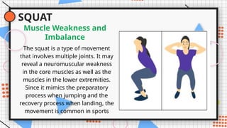 SQUAT
The squat is a type of movement
that involves multiple joints. It may
reveal a neuromuscular weakness
in the core muscles as well as the
muscles in the lower extremities.
Since it mimics the preparatory
process when jumping and the
recovery process when landing, the
movement is common in sports
Muscle Weakness and
Imbalance
 