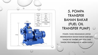 5. POMPA
TRANSFER
BAHAN BAKAR
(FUEL OIL
TRANSFER PUMP)
POMPA YANG DIGUNAKAN UNTUK
MEMINDAHKAN BAHAN BAKAR DARI SATU
TANGKI KE TANGKI LAIN ATAU DARI
TANGKI PENYIMPANAN KE MESIN KAPAL.
 