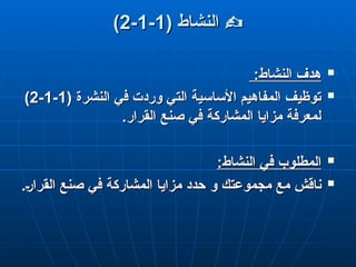 

( ‫النشاط‬
( ‫النشاط‬
1
1
-
-
1
1
-
-
2
2
)
)

:‫النشاط‬ ‫هدف‬
:‫النشاط‬ ‫هدف‬

( ‫النشرة‬ ‫في‬ ‫وردت‬ ‫التي‬ ‫األساسية‬ ‫المفاهيم‬ ‫توظيف‬
( ‫النشرة‬ ‫في‬ ‫وردت‬ ‫التي‬ ‫األساسية‬ ‫المفاهيم‬ ‫توظيف‬
1
1
-
-
1
1
-
-
2
2
)
)
.‫القرار‬ ‫صنع‬ ‫في‬ ‫المشاركة‬ ‫مزايا‬ ‫لمعرفة‬
.‫القرار‬ ‫صنع‬ ‫في‬ ‫المشاركة‬ ‫مزايا‬ ‫لمعرفة‬

:‫النشاط‬ ‫في‬ ‫المطلوب‬
:‫النشاط‬ ‫في‬ ‫المطلوب‬

‫مع‬ ‫ناقش‬
‫مع‬ ‫ناقش‬
‫و‬ ‫مجموعتك‬
‫و‬ ‫مجموعتك‬
.q‫ر‬‫القرا‬ ‫صنع‬ ‫في‬ ‫المشاركة‬ ‫مزايا‬ ‫حدد‬
.q‫ر‬‫القرا‬ ‫صنع‬ ‫في‬ ‫المشاركة‬ ‫مزايا‬ ‫حدد‬
 