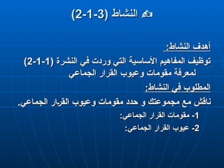 

( ‫النشاط‬
( ‫النشاط‬
3
3
-
-
1
1
-
-
2
2
)
)
:‫النشاط‬ ‫أهدف‬
:‫النشاط‬ ‫أهدف‬
( ‫النشرة‬ ‫في‬ ‫وردت‬ ‫التي‬ ‫األساسية‬ ‫المفاهيم‬ ‫توظيف‬
( ‫النشرة‬ ‫في‬ ‫وردت‬ ‫التي‬ ‫األساسية‬ ‫المفاهيم‬ ‫توظيف‬
1
1
-
-
1
1
-
-
2
2
)
)
‫الجماعي‬ ‫القرار‬ ‫وعيوب‬ ‫مقومات‬ ‫لمعرفة‬
‫الجماعي‬ ‫القرار‬ ‫وعيوب‬ ‫مقومات‬ ‫لمعرفة‬
:‫النشاط‬ ‫في‬ ‫المطلوب‬
:‫النشاط‬ ‫في‬ ‫المطلوب‬
‫مع‬ ‫ناقش‬
‫مع‬ ‫ناقش‬
‫و‬ ‫مجموعتك‬
‫و‬ ‫مجموعتك‬
.‫الجماعي‬ ‫ار‬q‫ر‬‫الق‬ ‫وعيوب‬ ‫مقومات‬ ‫حدد‬
.‫الجماعي‬ ‫ار‬q‫ر‬‫الق‬ ‫وعيوب‬ ‫مقومات‬ ‫حدد‬
1
1
-
-
:‫الجماعي‬ ‫القرار‬ ‫مقومات‬
:‫الجماعي‬ ‫القرار‬ ‫مقومات‬
2
2
-
-
:‫الجماعي‬ ‫القرار‬ ‫عيوب‬
:‫الجماعي‬ ‫القرار‬ ‫عيوب‬
 