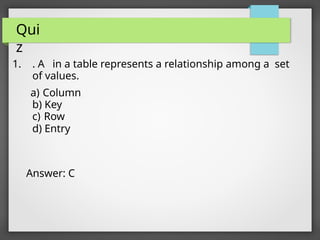 Qui
z
1. . A in a table represents a relationship among a set
of values.
a) Column
b) Key
c) Row
d) Entry
Answer: C
 