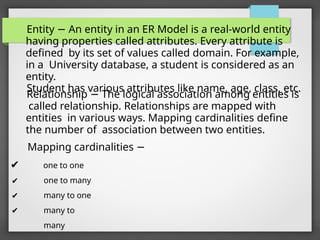 Entity − An entity in an ER Model is a real-world entity
having properties called attributes. Every attribute is
defined by its set of values called domain. For example,
in a University database, a student is considered as an
entity.
Student has various attributes like name, age, class, etc.
✔
✔
✔
✔
Relationship − The logical association among entities is
called relationship. Relationships are mapped with
entities in various ways. Mapping cardinalities define
the number of association between two entities.
Mapping cardinalities −
one to one
one to many
many to one
many to
many
 