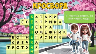 1
Б
2
Е
3
З
4
П
5
Е
6
К
7
А
1. Хто відповідає за
безпеку дітей?
Б А Т Ь К И
2. Вона іде по
проводах, є у селах і
містах.
Е Л Е К Т Р И К А
3. Місце, в якому
дозволено переходити
дорогу.
З Е Б Р А
4. Людина, котра вміє
професійно гасити
пожежу.
П О Ж Е Ж Н И К
5. Прилад, який
приходить на
допомогу під час
гасіння пожежі.
В О Г Н Е Г А С Н И К
6. Її ми
використовуємо в разі
відсутності
електроенергії.
С В І Ч К А
7. Частина дороги, по
якій ходять люди.
Т Р О Т У А Р
 