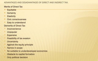 ADVANTAGES AND DISADVANTAGES OF DIRECT AND INDIRECT TAX.
Merits of Direct Tax
 Equitable
 Certainty
 Elasticity
 Civic consciousness
 Easy to understand
Demerits of Direct Tax
 Inconvenience
 Unpopular
 Expensive
 Possibility of tax evasion
 Uncertainty
 Against the equity principle
 Narrow in scope
 No suitable to underdeveloped economics
 Obstacle to capital formation
 Only political decision
 