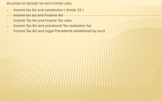 RELATION OF INCOME TAX WITH OTHER LAWS
A. Income tax Act and constitution ( Article 15 )
B. Income tax act and Finance Act
C. Income Tax Act and Income Tax rules
D. Income Tax Act and provisional Tax realization Act
E. Income Tax Act and Legal Precedents established by court
 