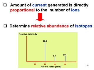 ❑ Amount of current generated is directly
proportional to the number of ions
❑ Determine relative abundance of isotopes
18
 