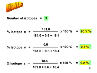 % isotope x =
181.0
181.0 + 0.6 + 18.4
x 100 % = 90.5 %
Number of isotopes = 3
% isotope y =
0.6
181.0 + 0.6 + 18.4
x 100 % = 0.3 %
% isotope z =
18.4
181.0 + 0.6 + 18.4
x 100 % = 9.2 %
21
 