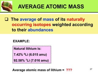 Natural lithium is:
7.42% 6Li (6.015 amu)
92.58% 7Li (7.016 amu)
Average atomic mass of lithium = ???
EXAMPLE:
❑ The average of mass of its naturally
occurring isotopes weighted according
to their abundances
AVERAGE ATOMIC MASS
27
 