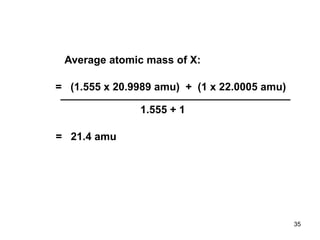 35
Average atomic mass of X:
= (1.555 x 20.9989 amu) + (1 x 22.0005 amu)
1.555 + 1
= 21.4 amu
 