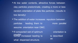 At low water contents, attractive forces between
clay particles predominate, creating a more or less
random orientation of plate like particles. (results in
low density)
The addition of water increases repulsion between
more parallel
particles leading them to
assume orientation near OMC.
If compacted wet of optimum
parallel
orientation is
is described
as
further increased leading to
what dispersed structure.
 