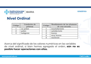 www.pucesi.edu.ec
Nivel Ordinal
ESTADÍSTICA
Acerca del significado de los valores numéricos en las variables
de nivel ordinal, si bien hemos agregado el orden, aún no es
posible hacer operaciones con ellos.
 