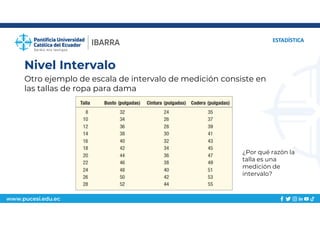 www.pucesi.edu.ec
Nivel Intervalo
ESTADÍSTICA
Otro ejemplo de escala de intervalo de medición consiste en
las tallas de ropa para dama
¿Por qué razón la
talla es una
medición de
intervalo?
 