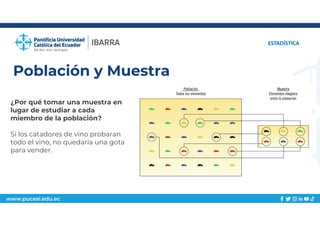 www.pucesi.edu.ec
Población y Muestra
ESTADÍSTICA
¿Por qué tomar una muestra en
lugar de estudiar a cada
miembro de la población?
Si los catadores de vino probaran
todo el vino, no quedaría una gota
para vender.
 