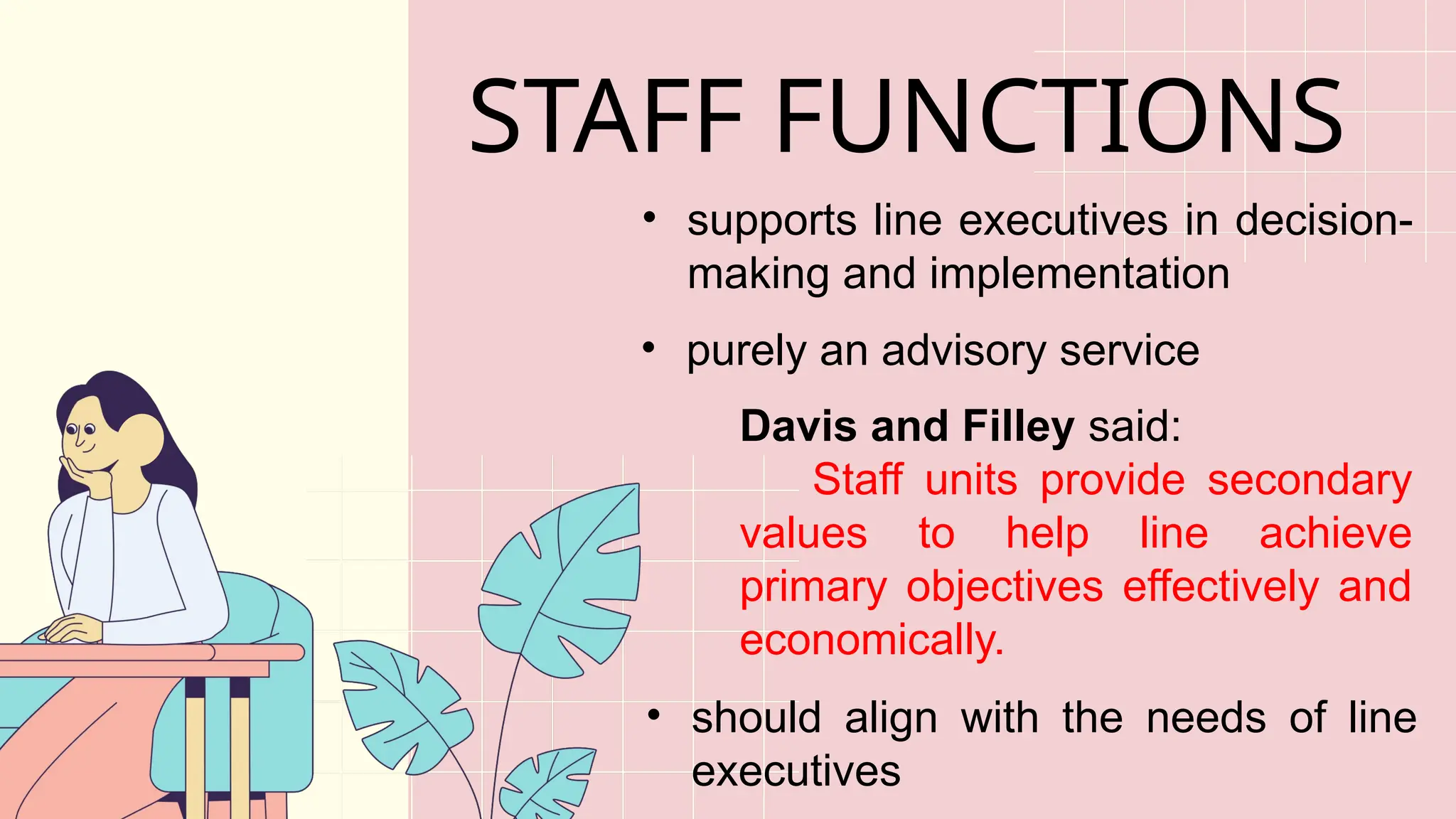 • supports line executives in decision-
making and implementation
STAFF FUNCTIONS
Davis and Filley said:
Staff units provide secondary
values to help line achieve
primary objectives effectively and
economically.
• purely an advisory service
• should align with the needs of line
executives
 