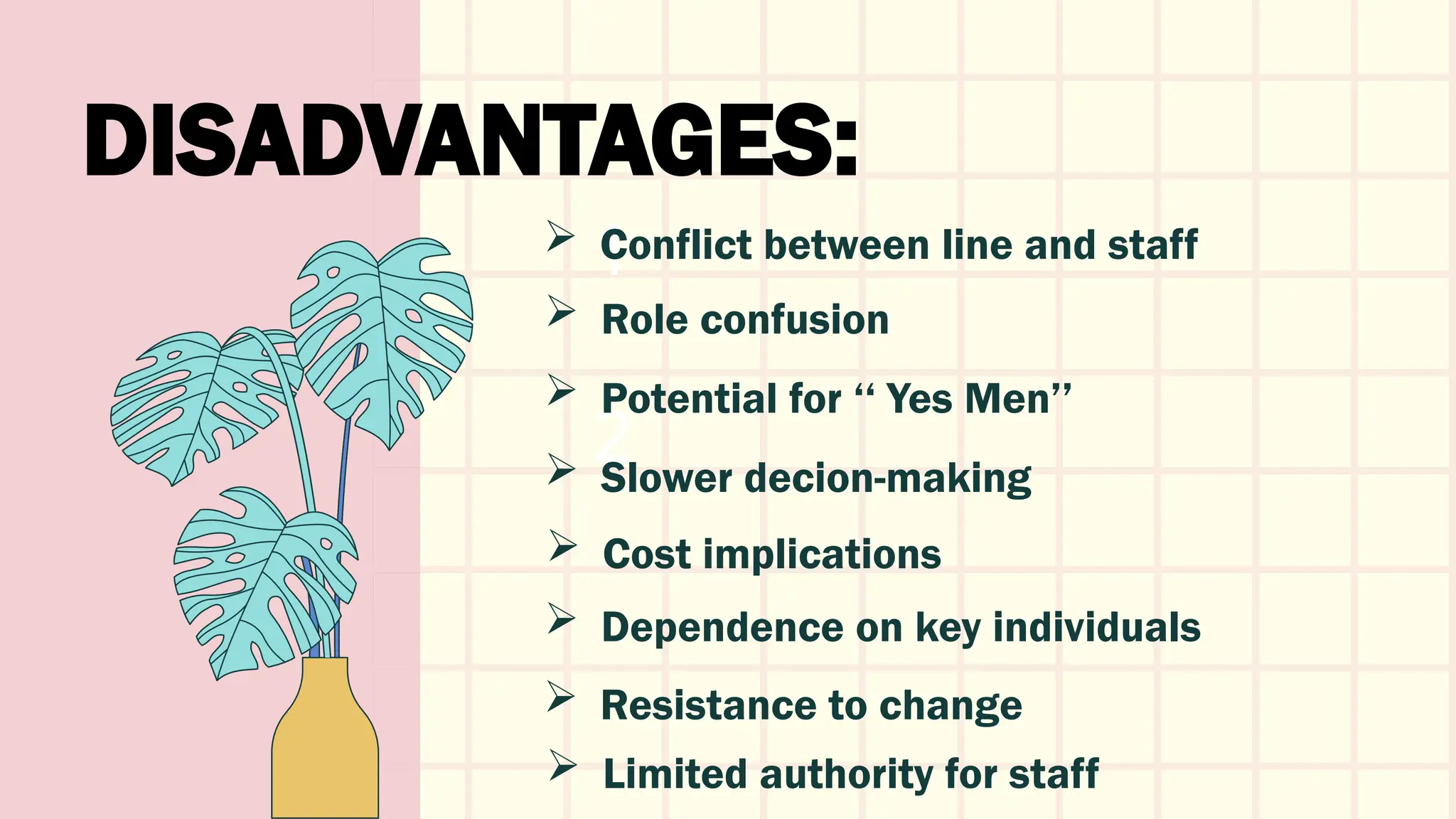 DISADVANTAGES:
2
1
 Conflict between line and staff
 Role confusion
 Potential for ‘‘ Yes Men’’
 Slower decion-making
 Cost implications
 Dependence on key individuals
 Resistance to change
 Limited authority for staff
 