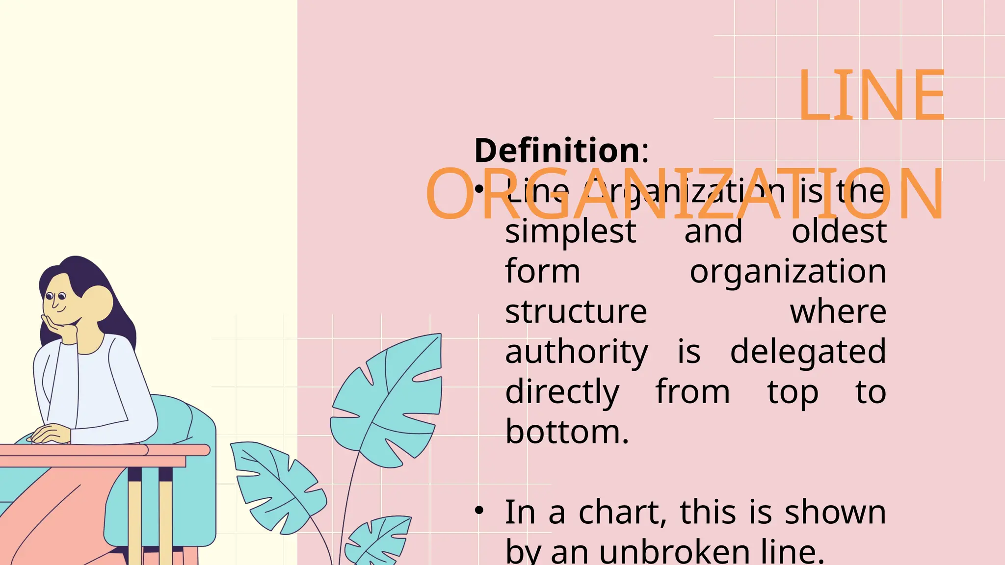 Definition:
• Line Organization is the
simplest and oldest
form organization
structure where
authority is delegated
directly from top to
bottom.
• In a chart, this is shown
by an unbroken line.
LINE
ORGANIZATION
 
