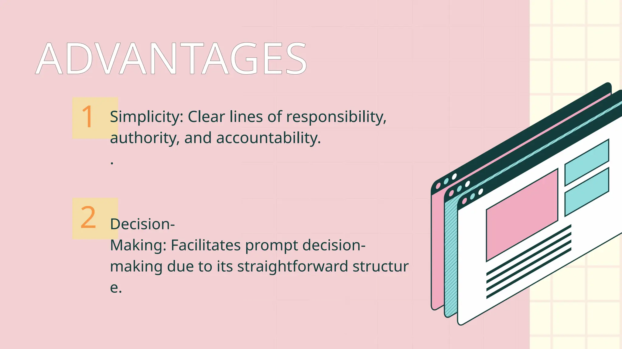 ADVANTAGES
Simplicity: Clear lines of responsibility,
authority, and accountability.
.
1
2 Decision-
Making: Facilitates prompt decision-
making due to its straightforward structur
e.
 