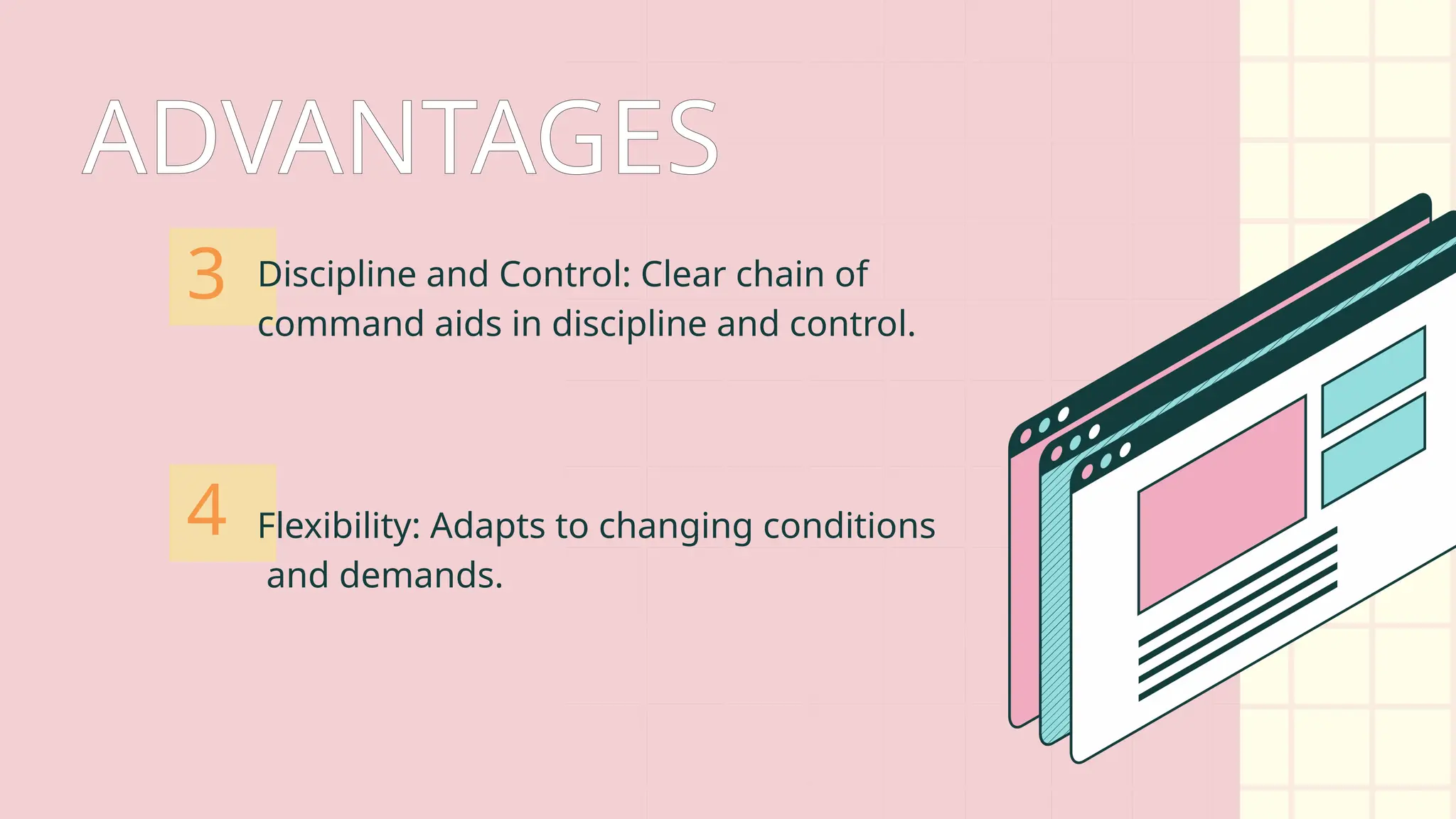 ADVANTAGES
Discipline and Control: Clear chain of
command aids in discipline and control.
3
4 Flexibility: Adapts to changing conditions
and demands.
 