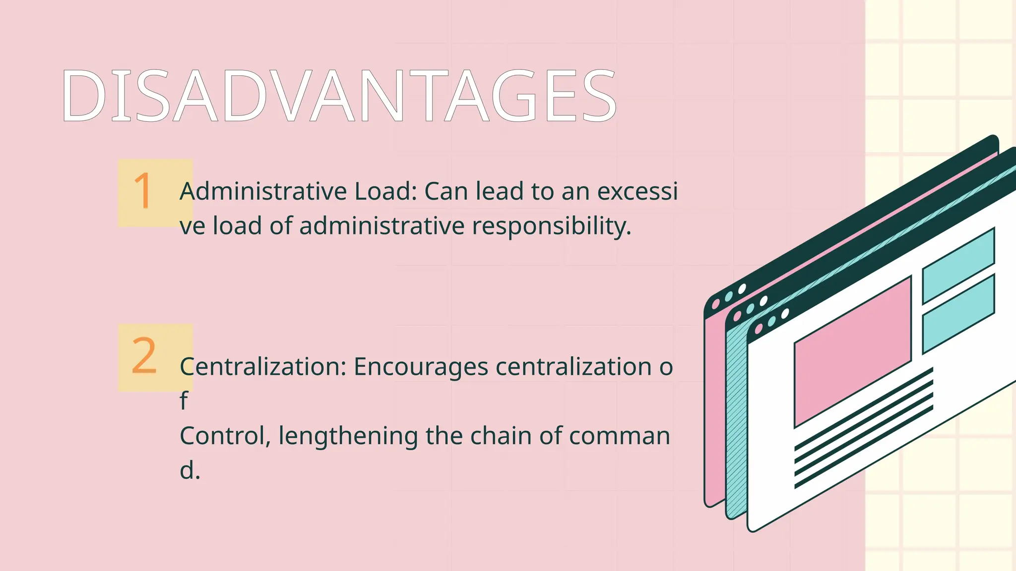 DISADVANTAGES
Administrative Load: Can lead to an excessi
ve load of administrative responsibility.
1
2 Centralization: Encourages centralization o
f
Control, lengthening the chain of comman
d.
 