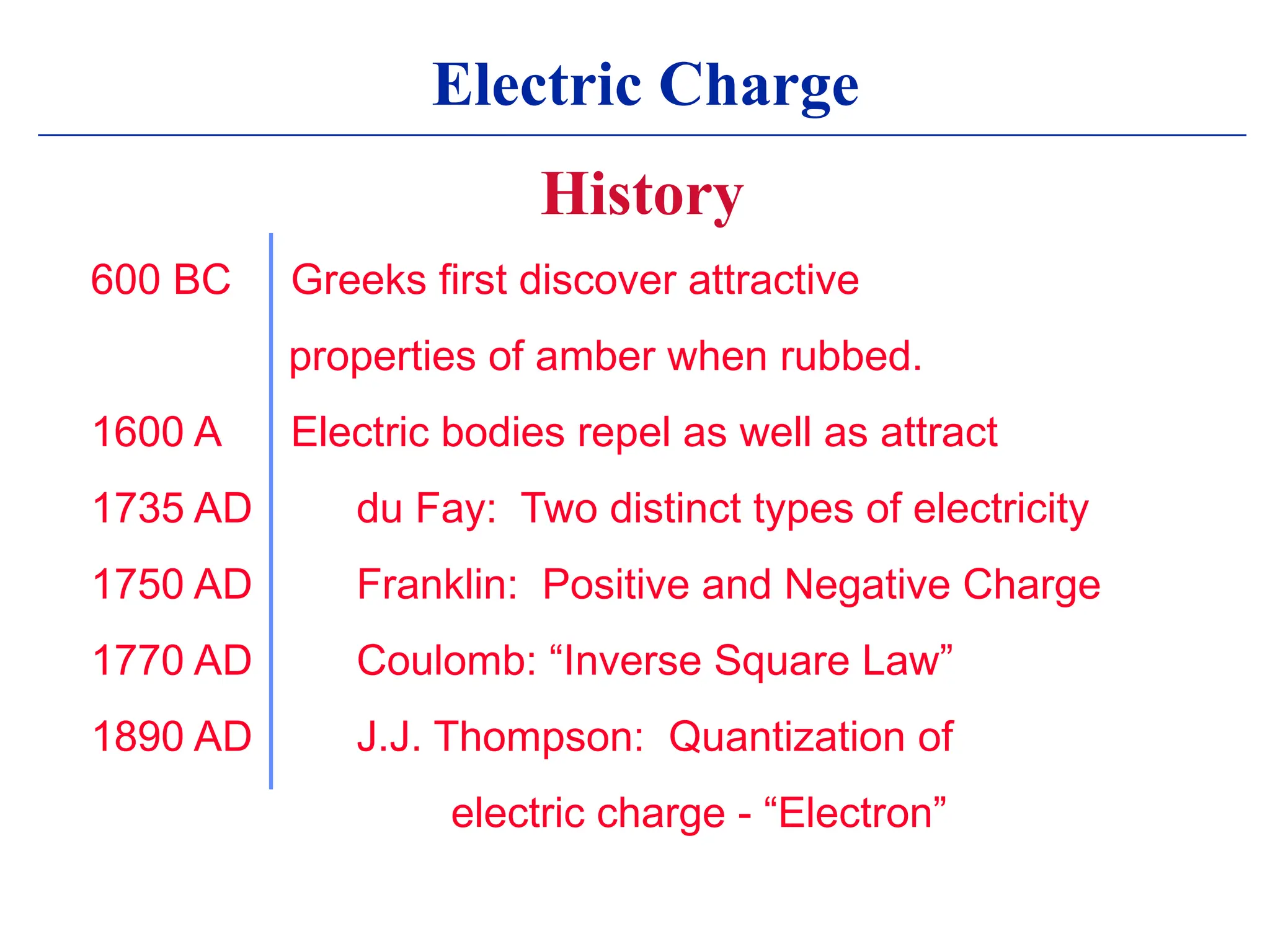 Electric Charge
History
600 BC Greeks first discover attractive
properties of amber when rubbed.
1600 A Electric bodies repel as well as attract
1735 AD du Fay: Two distinct types of electricity
1750 AD Franklin: Positive and Negative Charge
1770 AD Coulomb: “Inverse Square Law”
1890 AD J.J. Thompson: Quantization of
electric charge - “Electron”
 