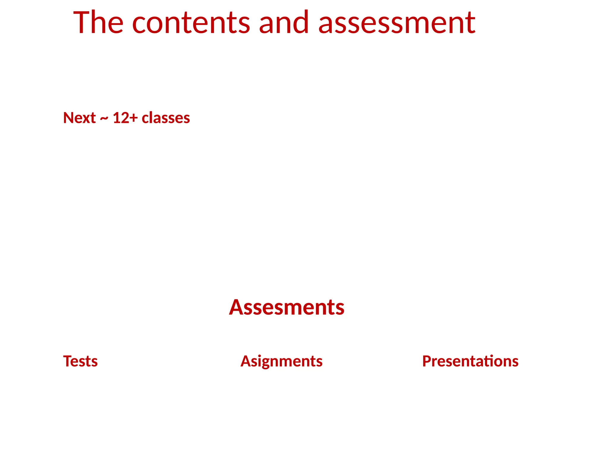 Next ~ 12+ classes
Tests Asignments Presentations
Assesments
The contents and assessment
 