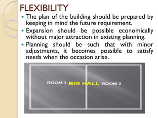 FLEXIBILITY
 The plan of the building should be prepared by
keeping in mind the future requirement.
 Expansion should be possible economically
without major attraction in existing planning.
 Planning should be such that with minor
adjustments, it becomes possible to satisfy
needs when the occasion arise.
 