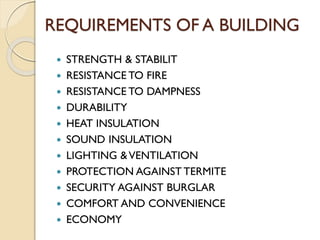 REQUIREMENTS OF A BUILDING
 STRENGTH & STABILIT
 RESISTANCE TO FIRE
 RESISTANCE TO DAMPNESS
 DURABILITY
 HEAT INSULATION
 SOUND INSULATION
 LIGHTING &VENTILATION
 PROTECTION AGAINST TERMITE
 SECURITY AGAINST BURGLAR
 COMFORT AND CONVENIENCE
 ECONOMY
 