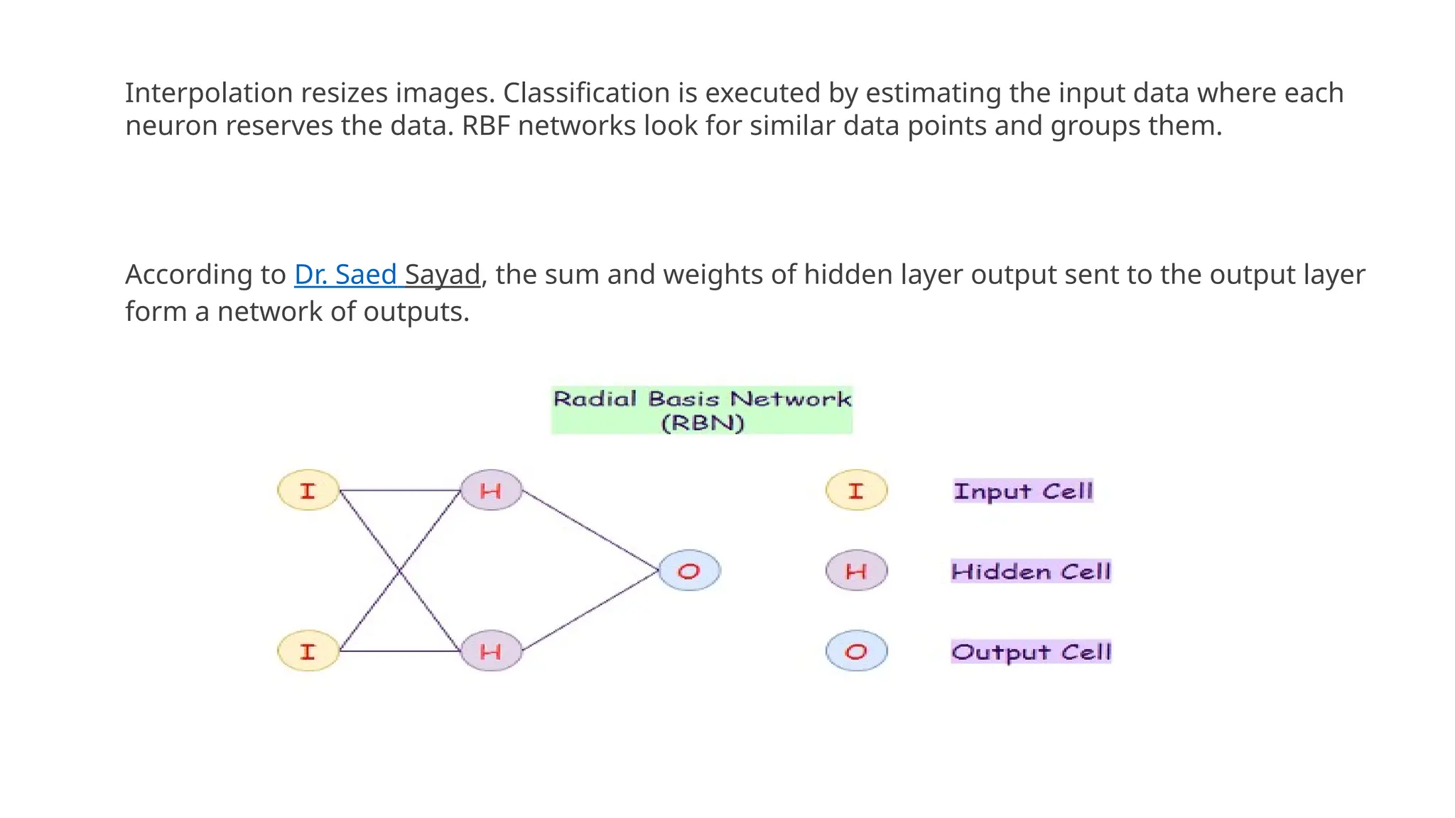Interpolation resizes images. Classification is executed by estimating the input data where each
neuron reserves the data. RBF networks look for similar data points and groups them.
According to Dr. Saed Sayad, the sum and weights of hidden layer output sent to the output layer
form a network of outputs.
 