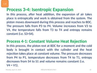 Monday, April 14, 2025 MECH/IV/ME3451/TE/I 14
Process 3-4: Isentropic Expansion
In this process, after heat addition, the expansion of air takes
place is entropically and work is obtained from the system. The
piston moves downward during this process and reaches to BDC.
The pressure falls from P3 to P4, Volume increases from V3 to
V4, the temperature falls from T3 to T4 and entropy remains
constant (i.e. S3=S4).
Process 4-1: Constant Volume Heat Rejection
In this process, the piston rest at BDC for a moment and the cold
body is brought in contact with the cylinder and the heat
rejection takes place at constant volume. The pressure decreases
from P4 to P1, temperature decreases from T4 to T1, entropy
decreases from S4 to S1 and volume remains constant (i.e.
V4 = V1).
1.4
 