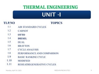 THERMAL ENGINEERING
MECH/IV/ME3451/TE/I 4
UNIT -I
TLP.NO TOPICS
1.1 AIR STANDARD CYCLES
1.2 CARNOT
1.3 OTTO
1.4 DIESEL
1.5 DUAL
1.6 BRAYTON
1.7 CYCLE ANALYSIS
1.8 PERFORMANCE AND COMPARISON
1.9 BASIC RANKINE CYCLE
1.10 MODIFIED
1.11 REHEATREGENERATIVE CYCLES
Monday, April 14, 2025
 