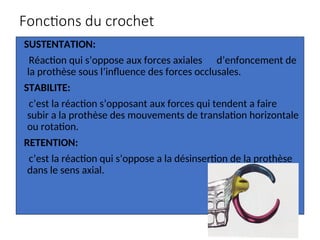 Fonctions du crochet
SUSTENTATION:
Réaction qui s’oppose aux forces axiales d’enfoncement de
la prothèse sous l’influence des forces occlusales.
STABILITE:
c’est la réaction s’opposant aux forces qui tendent a faire
subir a la prothèse des mouvements de translation horizontale
ou rotation.
RETENTION:
c’est la réaction qui s’oppose a la désinsertion de la prothèse
dans le sens axial.
 